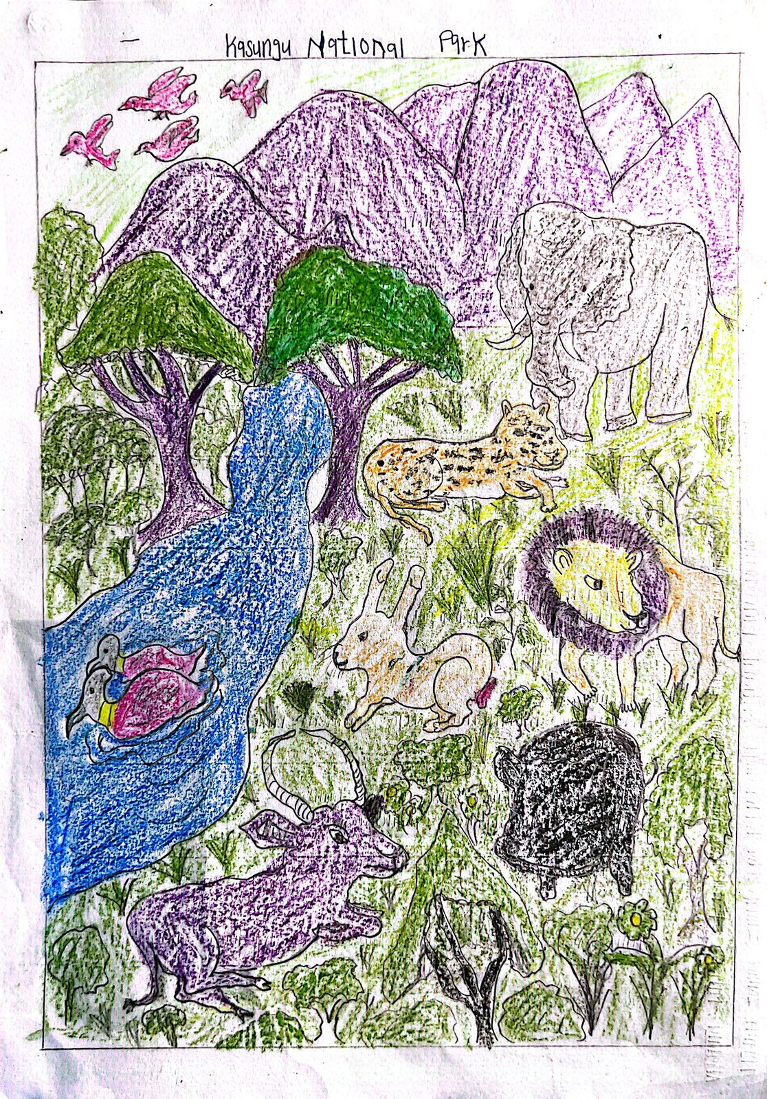 A child's drawing of Kasungu National Park full of wildlife living among trees and mountains